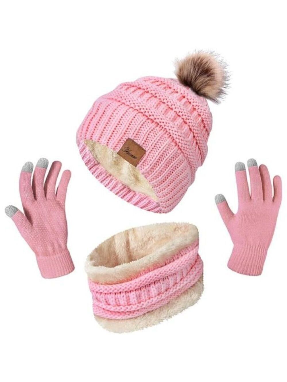 Winter Hat Scarf Touch Screen Gloves Set 3 Pcs Warm Knit Fleece Lined Beanie NEW